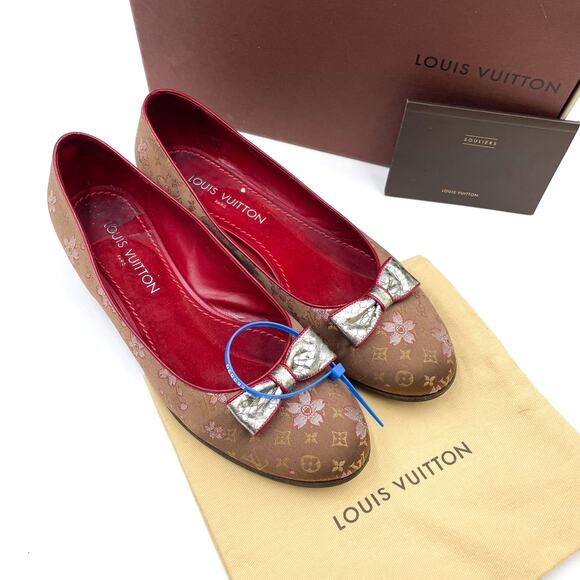 Louis Vuitton Cherry Blossom Monogram Floral Ballet Flats LV Brown Bow Sz 39 / 9 - Picture 1 of 12